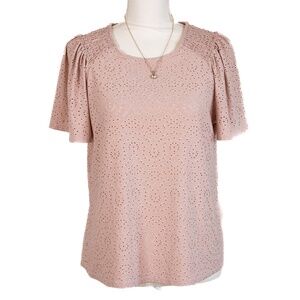 W5 Rosé Color Blouse w/ Short Flared Sleeves, Perforated Pattern Fabric, Size M